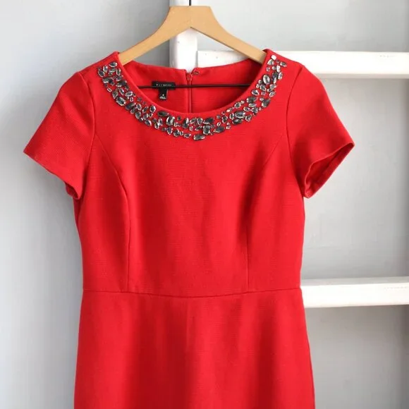 Talbots Red Jewel Embellished Collar Ottoman Ponte Sheath Dress Size 4 / Small - Picture 3 of 7